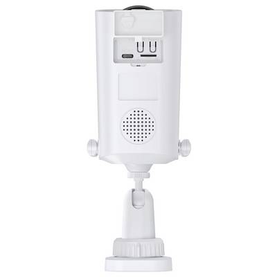 Une caméra de sécurité blanche avec un couvercle d'objectif, une grille de haut-parleur, un port USB-C et deux ports USB à l'arrière.