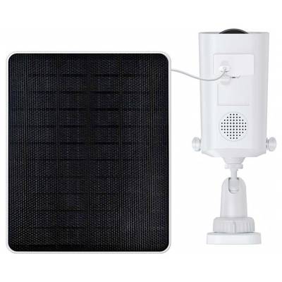 Système de surveillance solaire avec panneau solaire carré et caméra. La caméra montre son support d'objectif et son haut-parleur.