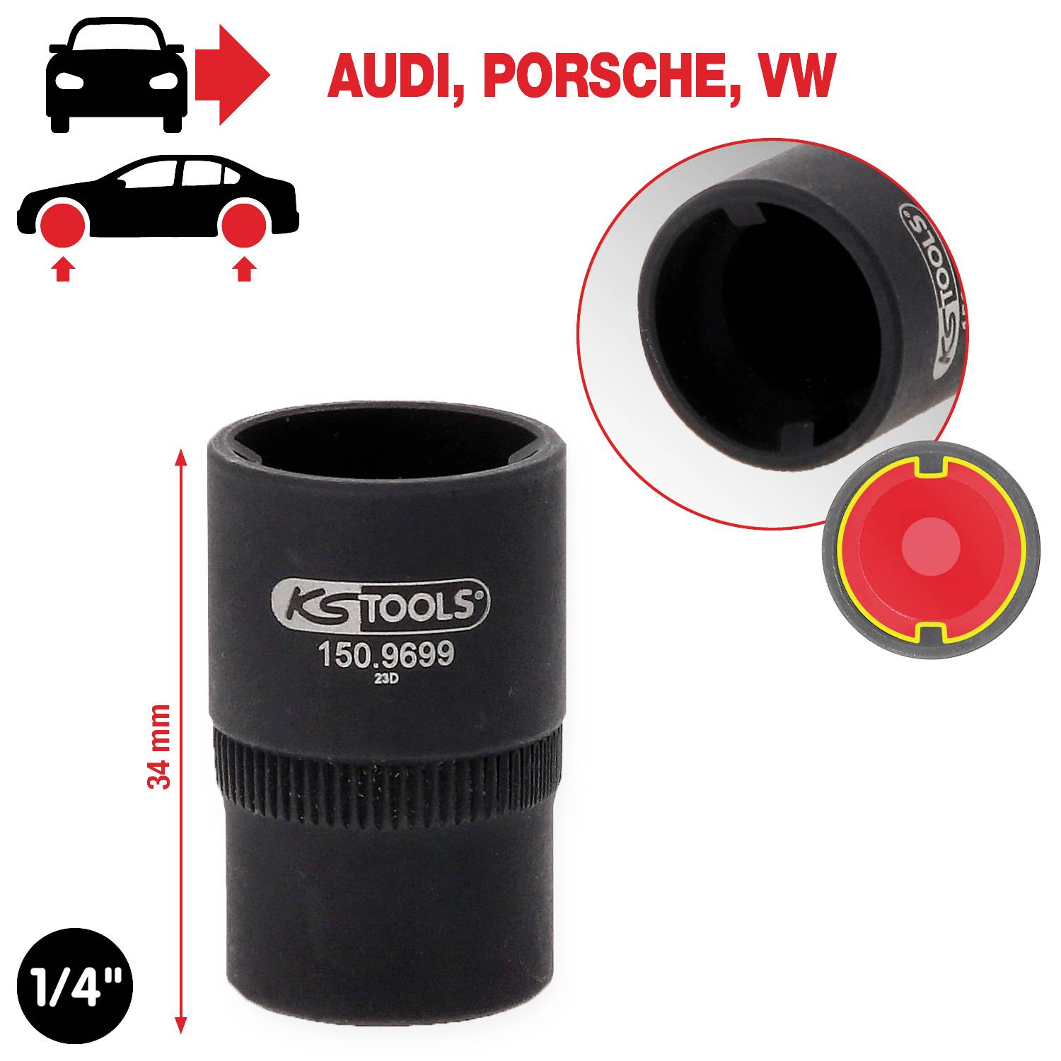 Douille KS Tools, 34 mm de long, 1/4 pouce, pour Audi, Porsche, VW. Illustrée avec une vue en biais et indications dimensionnelles.