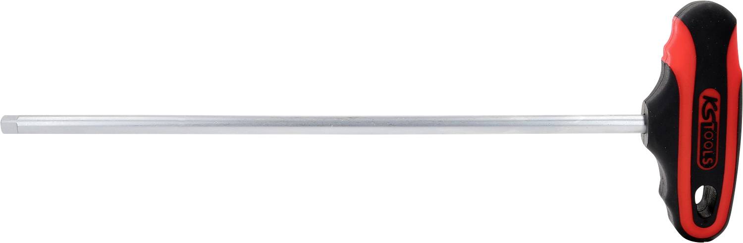 Un tournevis long avec poignée en T. La poignée est noir et rouge et ergonomiquement façonnée, la tige métallique est argentée.