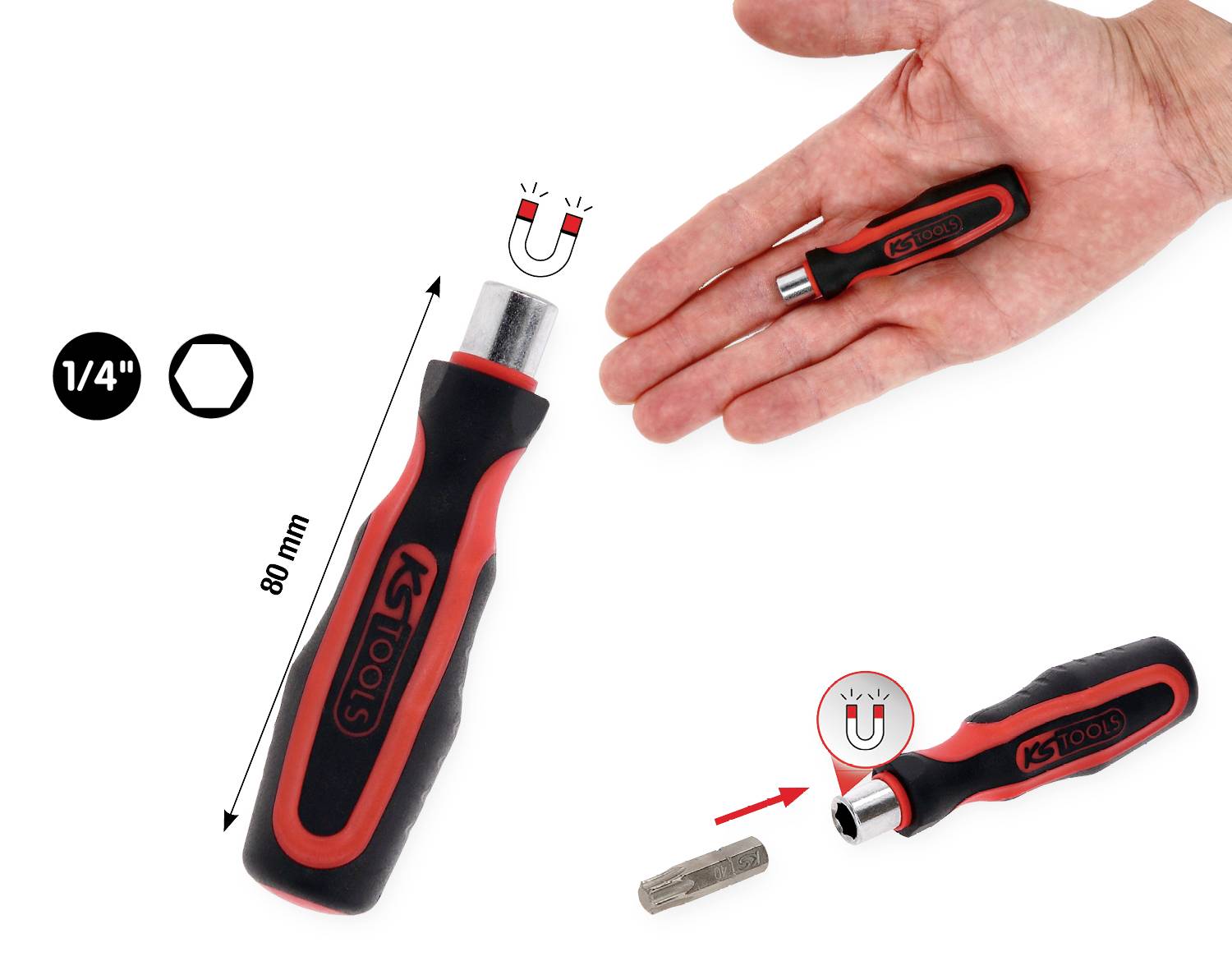 Tournevis magnétique rouge et noir avec indication de taille 80 mm. Embout interchangeable. Symbole hexagonal et indication 1/4 de pouce.