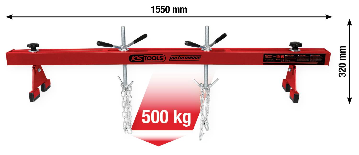 Pont moteur rouge de KS Tools avec une capacité de charge de 500 kg, une largeur de 1550 mm et une hauteur de 320 mm, équipé de quatre supports.