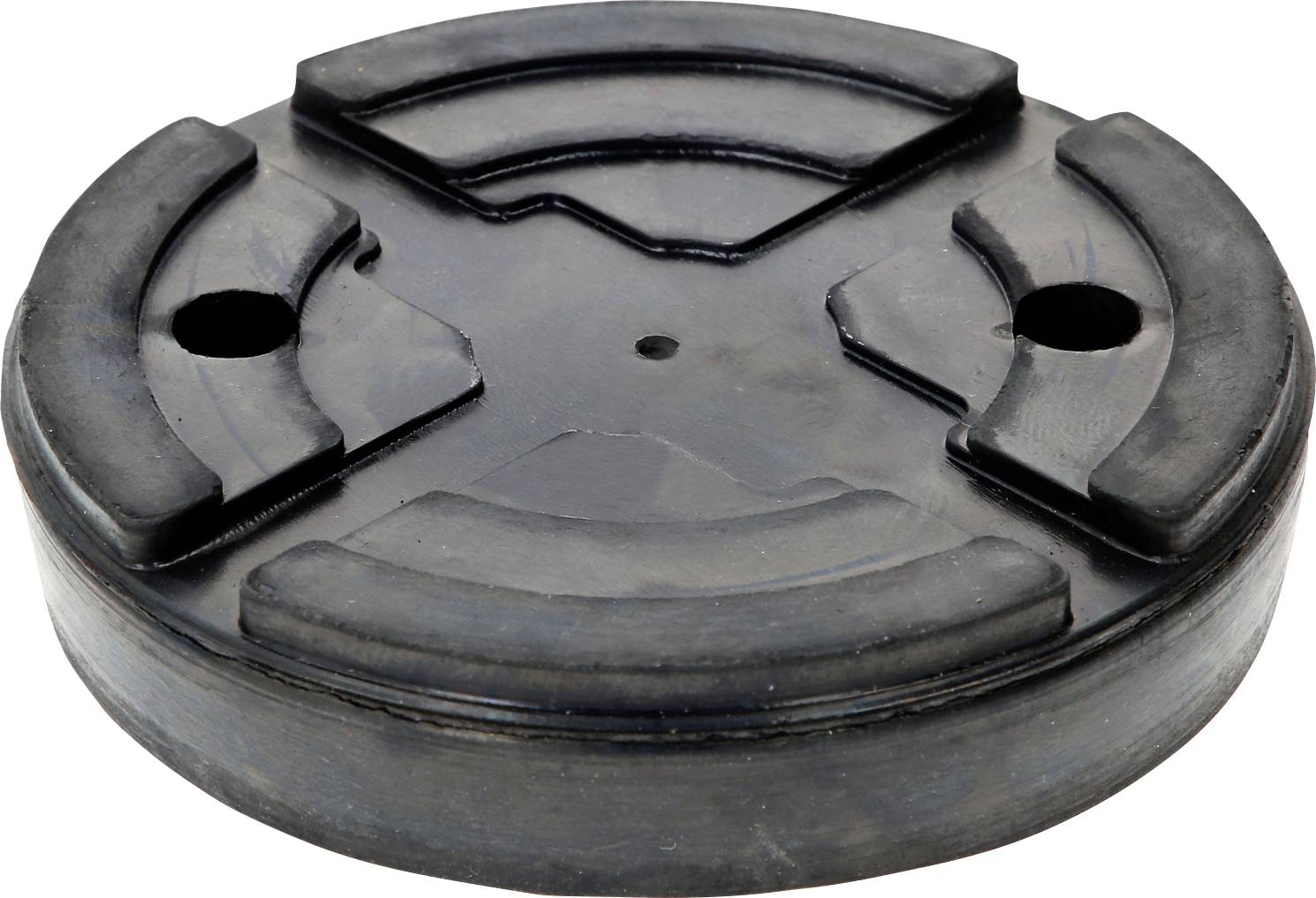 Pad en caoutchouc noir, rond, avec des sections surélevées et deux trous, souvent utilisé comme support pour des crics ou des élévateurs.