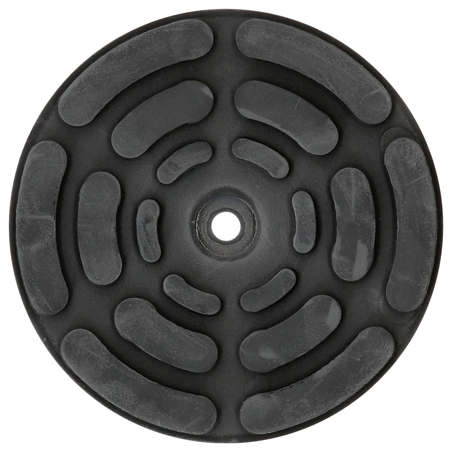 Un disque de ponçage noir et rond, doté de plusieurs bandes de caoutchouc ovales et en relief, disposées de manière circulaire autour du centre.