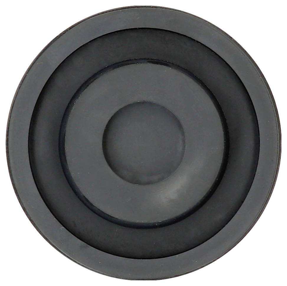 Haut-parleur rond et sombre en vue de dessus avec des anneaux concentriques, symbolisant la sortie audio ou la musique.