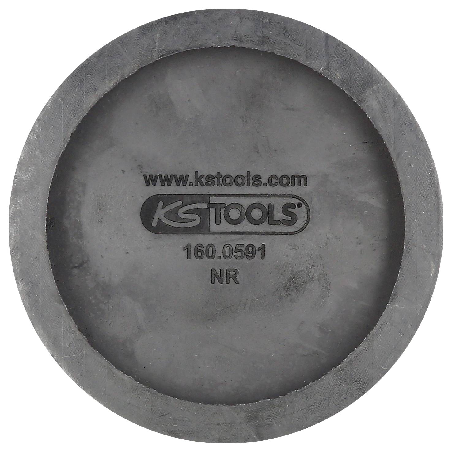 Tapis rond noir en caoutchouc avec inscription centrale 'www.kstools.com' et 'KS TOOLS 160.0591 NR'.