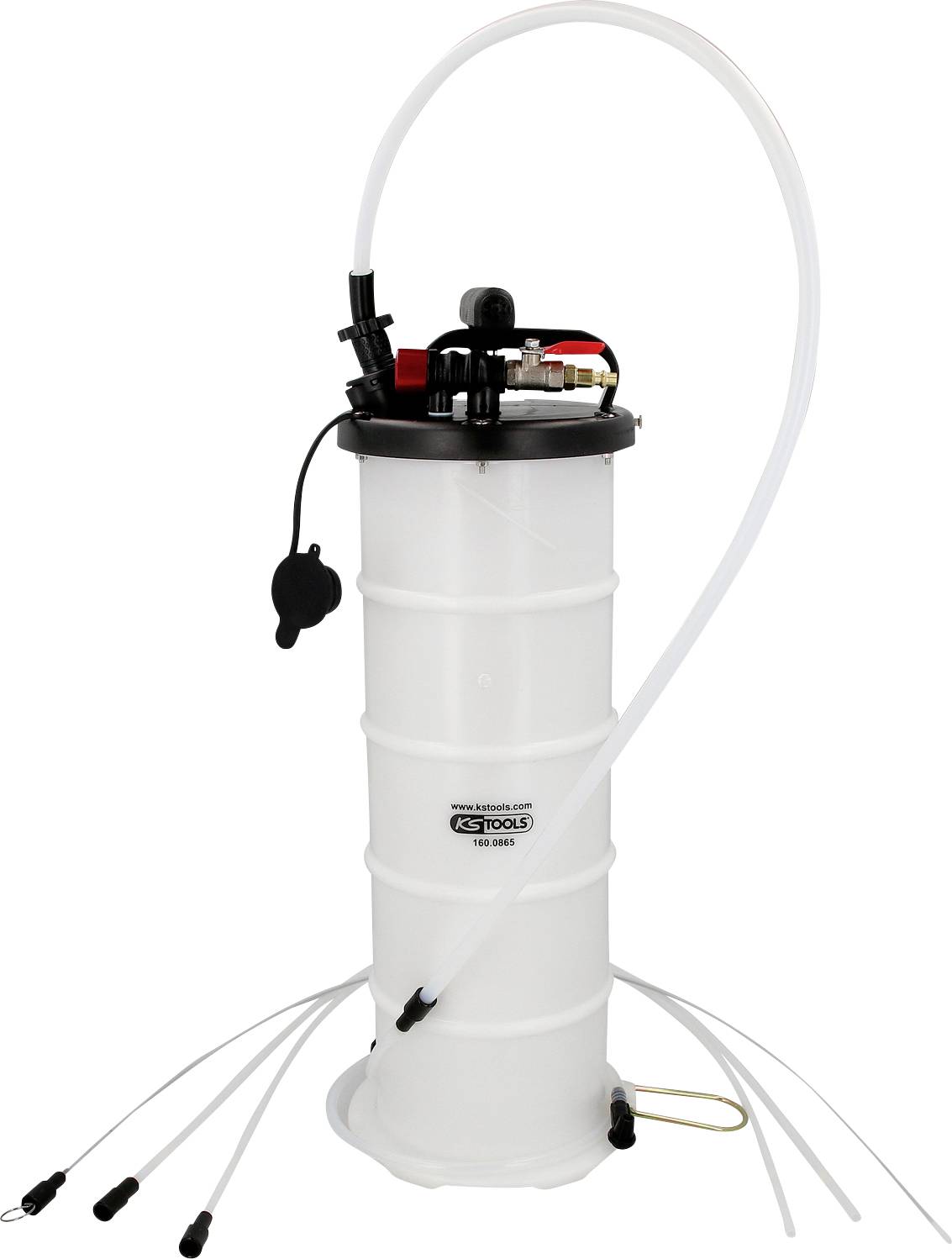 Un récipient blanc de vidange d'huile avec plusieurs tuyaux et un couvercle noir, utilisé pour l'extraction de liquides tels que l'huile.