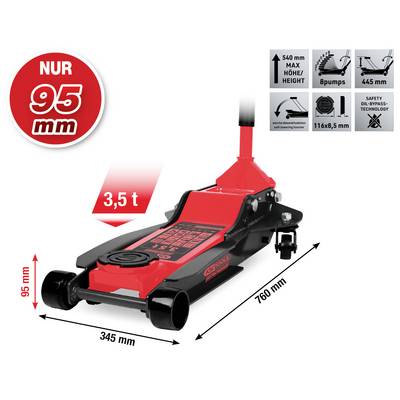 'Cric hydraulique rouge de 3,5 t de capacité, monte jusqu'à 540 mm. Hauteur minimale 95 mm. Dimensions : 760 x 345 x 95 mm.'