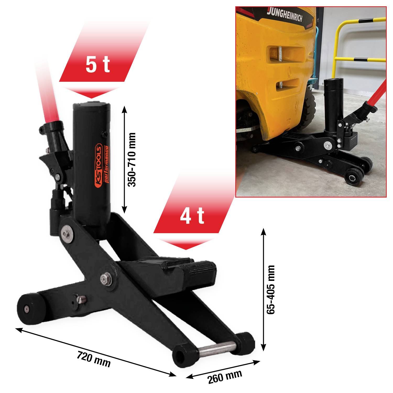 Un cric soulève un chariot élévateur jaune. Capacités de levage : 5 tonnes et 4 tonnes. Dimensions : 720 mm x 260 mm. Plage de hauteur : 65-405 mm, 350-750 mm.