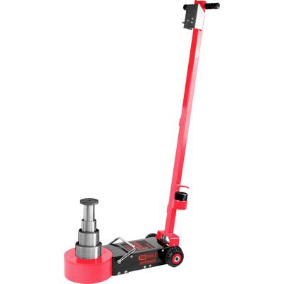 Cric hydraulique rouge avec long levier et roues noires, adapté pour soulever des charges lourdes dans les ateliers.