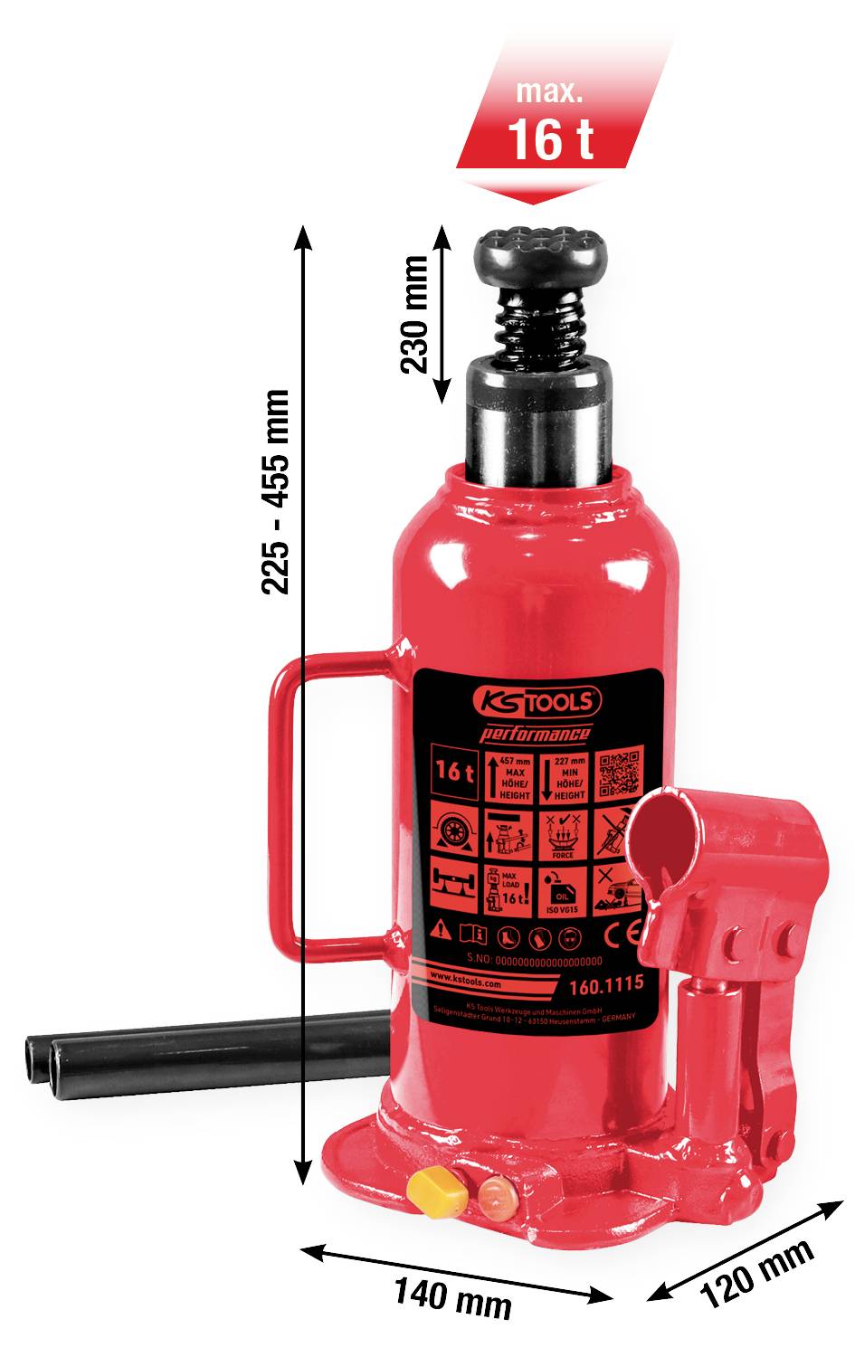 Cric hydraulique rouge, dimensions : 225-455 mm de hauteur, 140 mm de largeur, 120 mm de longueur, capacité de levage jusqu'à 16 tonnes.