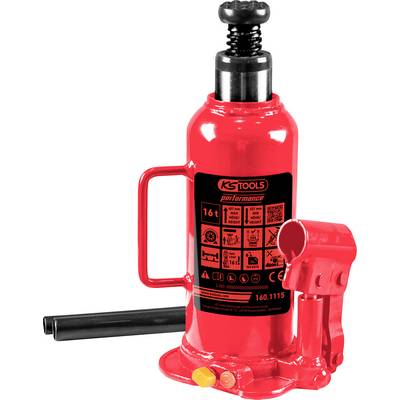 Cric hydraulique rouge avec poignée, capacité de 16 tonnes, avec marquages de sécurité et certification CE sur l'étiquette.