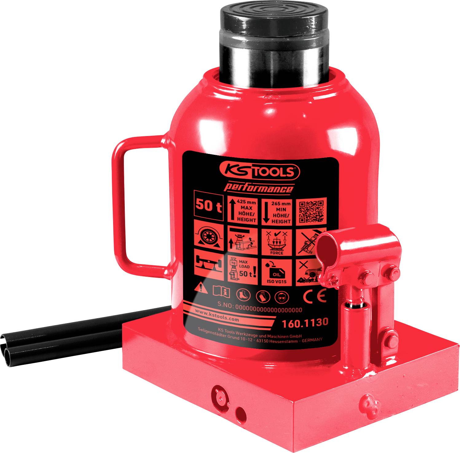 Cric hydraulique rouge avec poignée, capacité de 50 tonnes, adapté pour soulever des véhicules lourds.