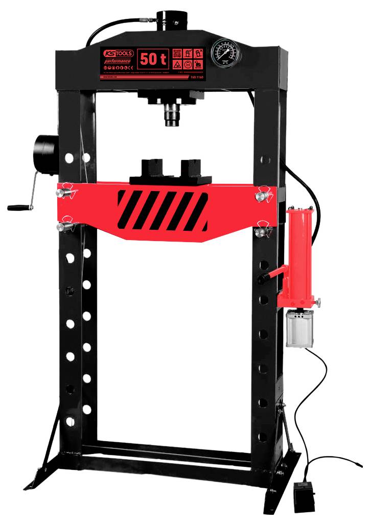 'Presse d'atelier de 50 tonnes avec manomètre et vérin hydraulique, noir-rouge, design robuste, adaptée aux applications de charges lourdes.'