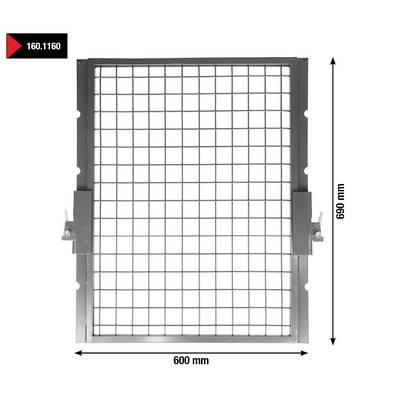 Grille rectangulaire de 600 mm x 680 mm en argent, présentée avec support latéral et indication des dimensions.