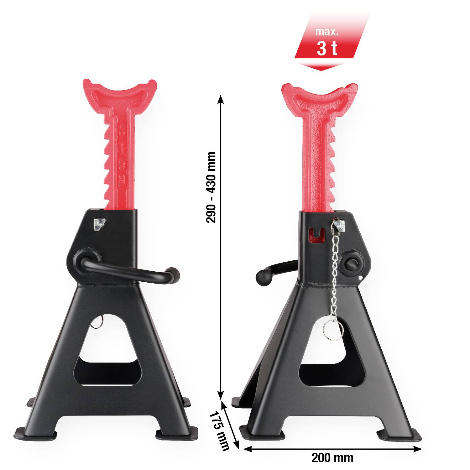 'Deux crics hydrauliques rouges à hauteur réglable de 295 à 430 mm, charge maximale de 3 tonnes, largeur de base de 200 mm.'