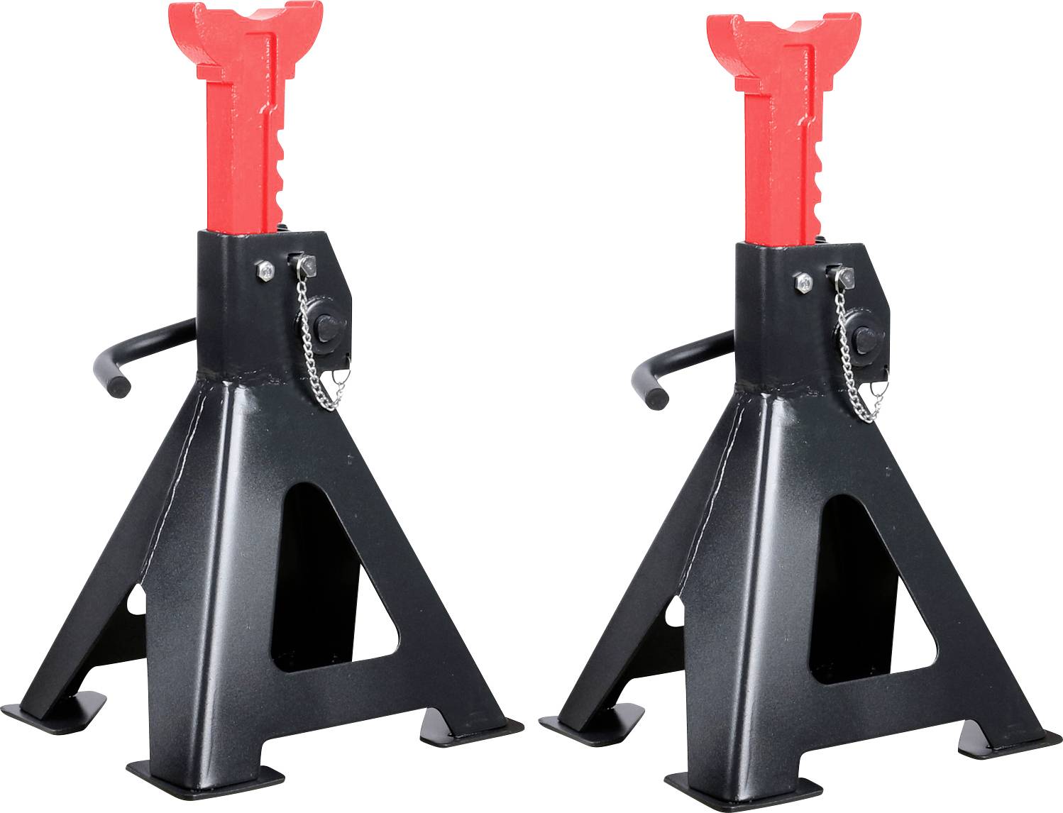 Deux crics rouges et noirs sont placés côte à côte. Ils sont stables et conçus pour soulever des véhicules.