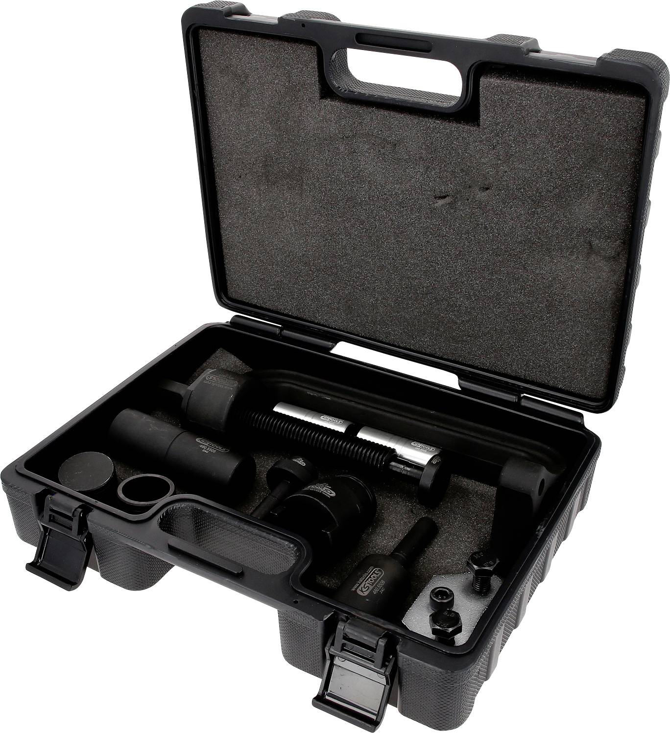 Une valise à outils noire ouverte avec des insertions en mousse moulée contenant divers outils métalliques pour l'identification et la maintenance.
