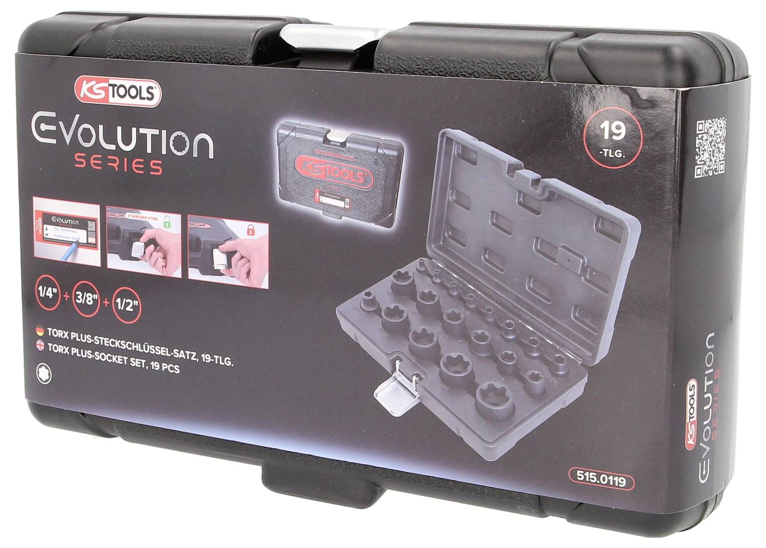 Coffret d'outils 'KS Tools' avec un jeu de douilles Torx Plus, 19 pièces. Montre un coffret ouvert avec différentes douilles.
