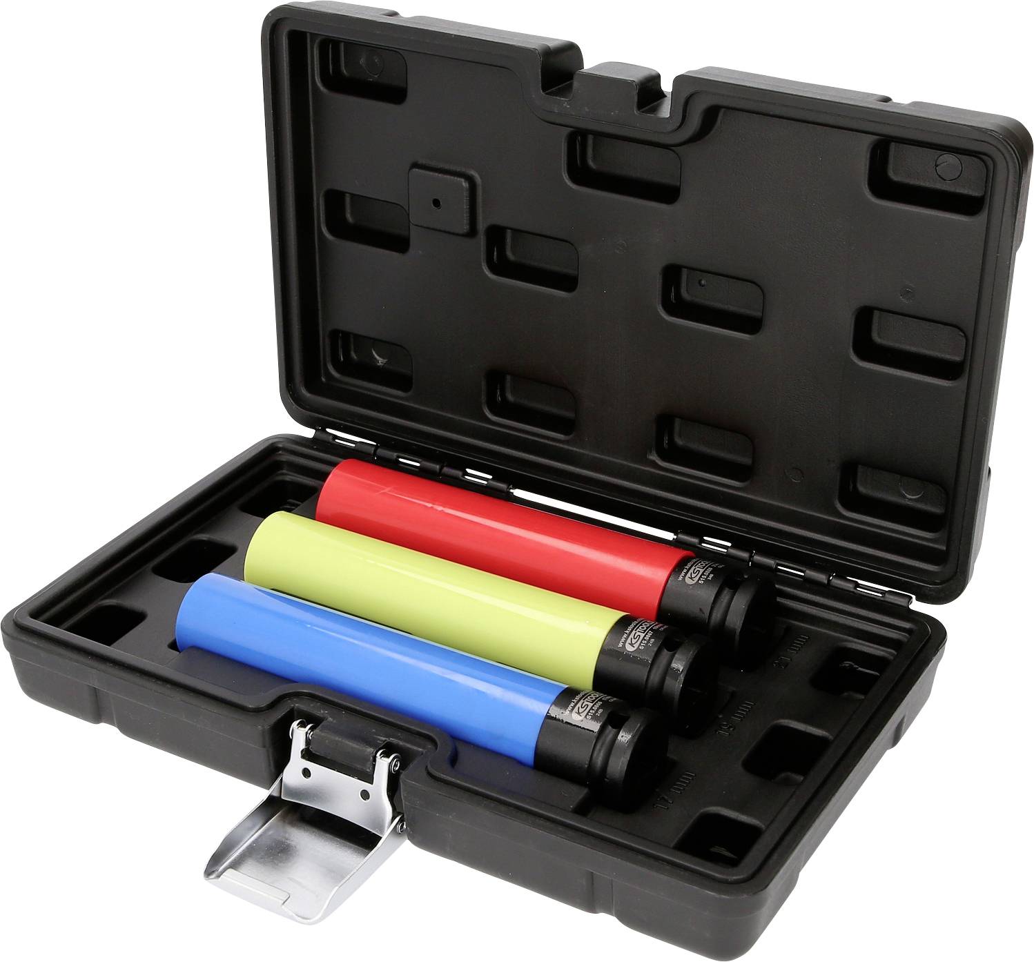Trois gaines de couleur (bleu, rouge, jaune) dans un coffret rigide noir à compartiments, partiellement ouvert, sur fond blanc.