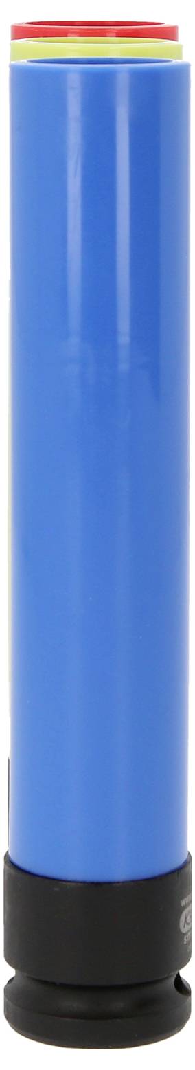Tige cylindrique bleue avec base noire, probablement un élément de sécurité ou d'installation.