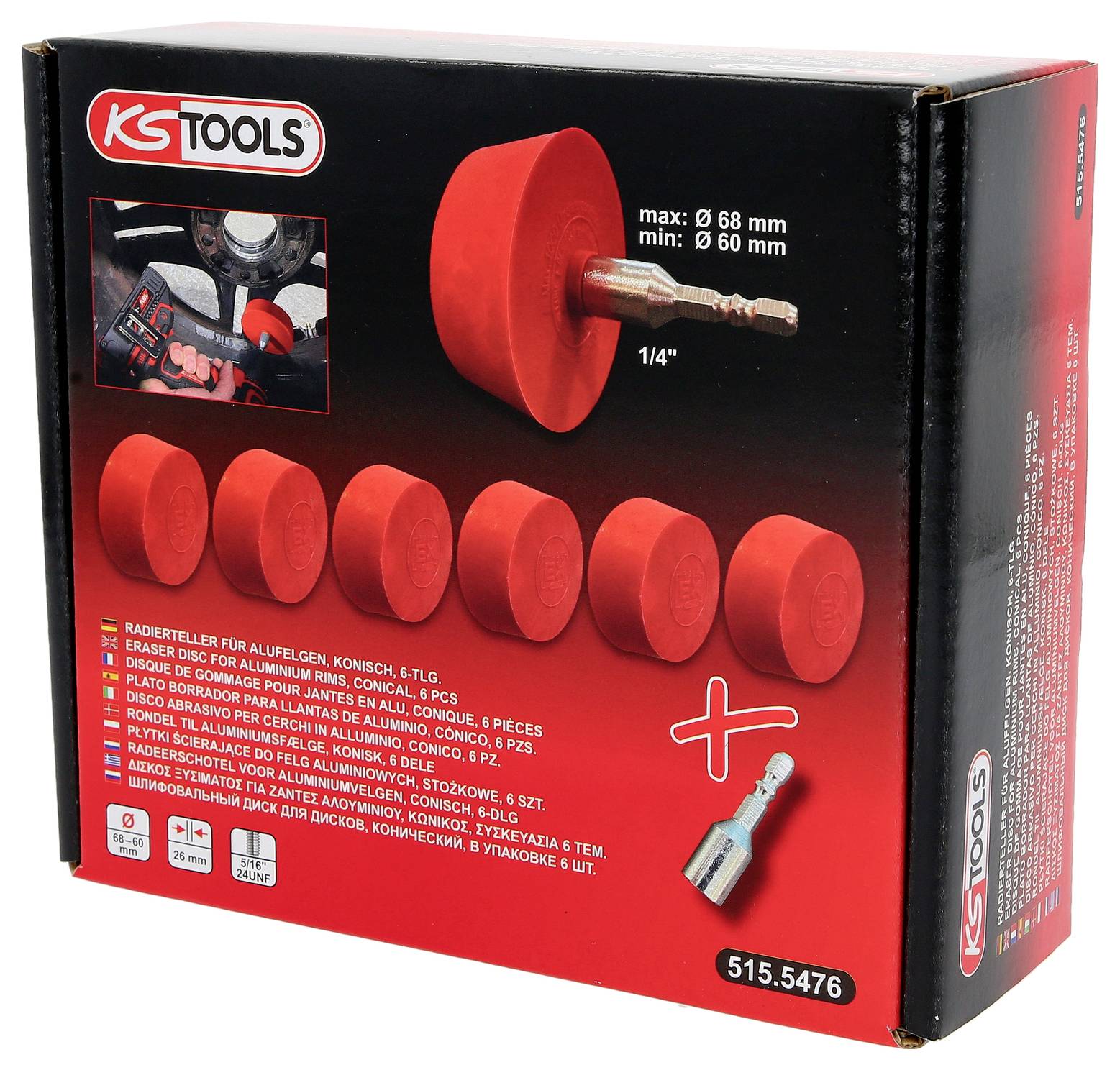 Emballage d'outils KS avec six buses coniques représentées en rouge et un adaptateur argenté. Le texte décrit les tailles et les spécifications.