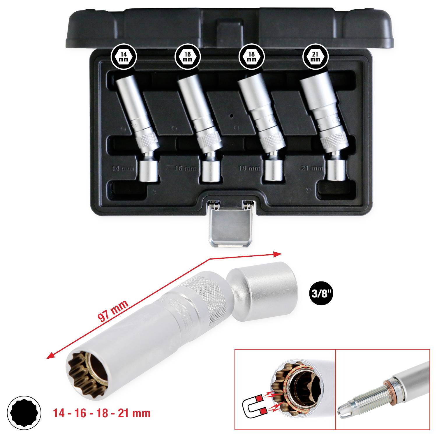 Ensemble de quatre douilles (14, 16, 18, 21 mm) dans un coffret. La vue détaillée montre une douille de 3/8" de 97 mm de long.