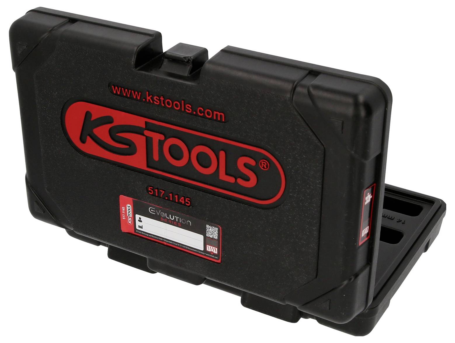 Boîtes à outils noires avec logo rouge 'KS TOOLS' et numéro de produit '517.1145', partiellement ouvertes, montrant les compartiments intérieurs.