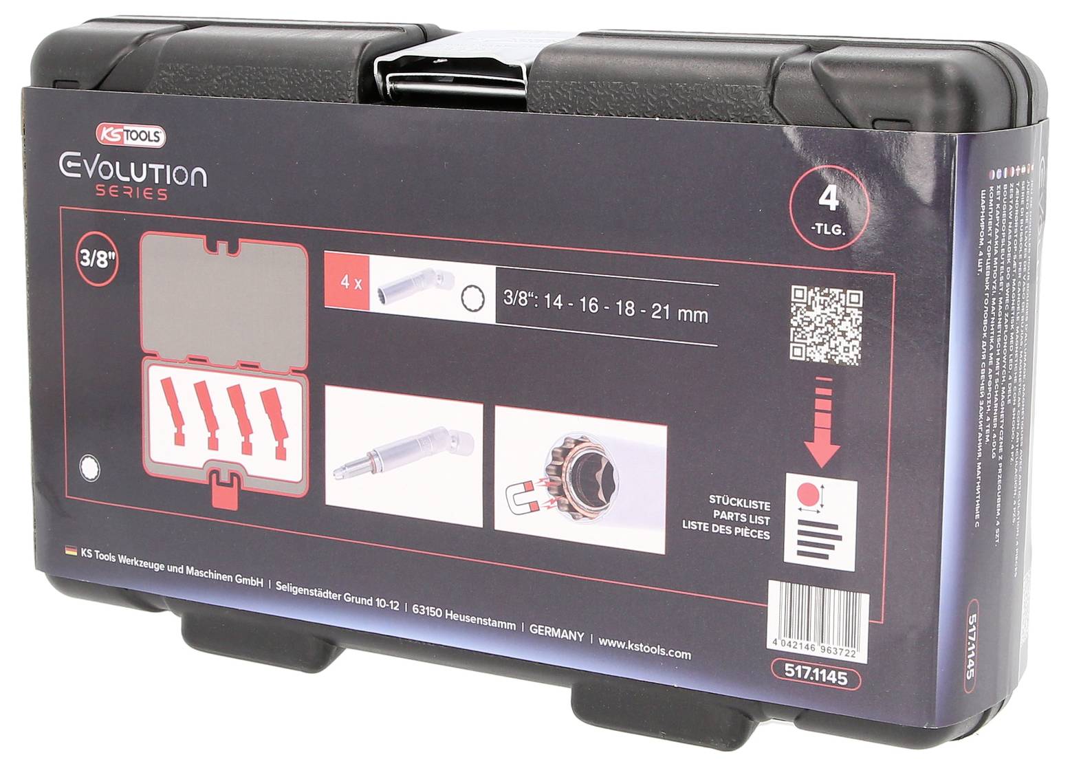 Coffret à outils KS Tools, série "Evolution", comprenant un ensemble de 4 clés à douilles de différentes tailles, avec code produit et liste des composants.