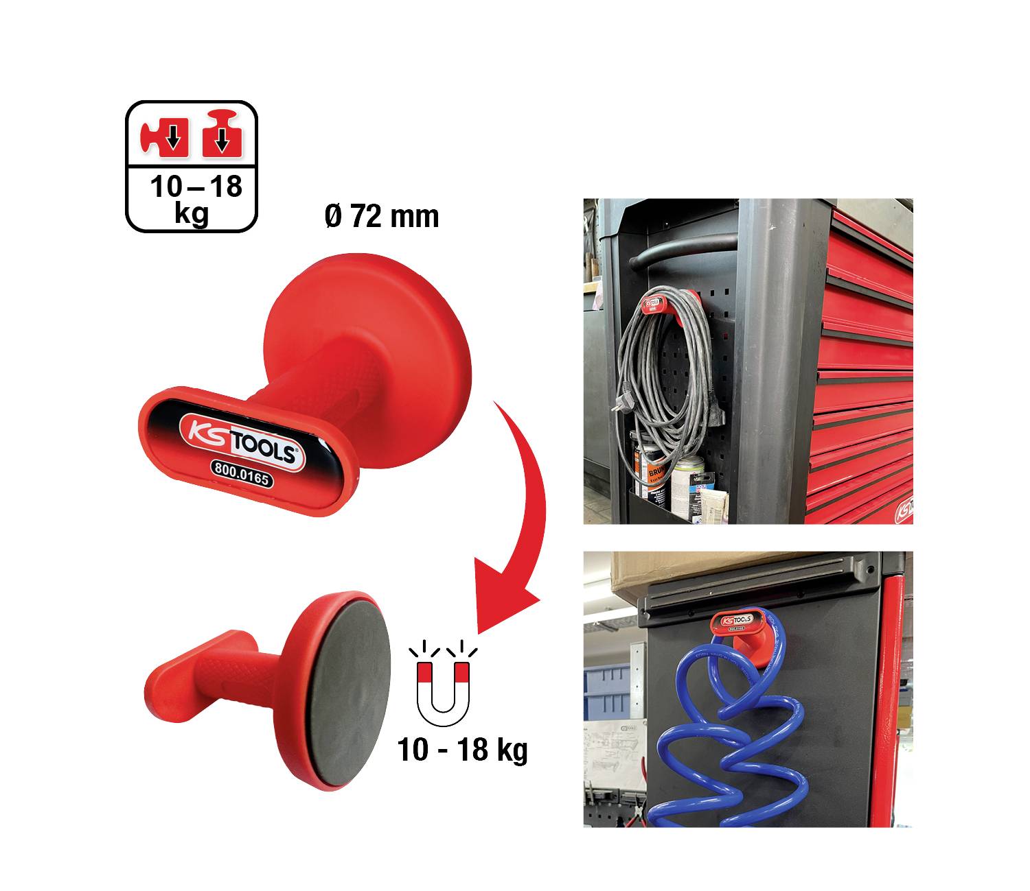 Les crochets magnétiques 'KS Tools' affichent des crochets rouges qui adhèrent aux surfaces métalliques et peuvent supporter des charges de 10 à 18 kg. Applications avec câbles illustrées.