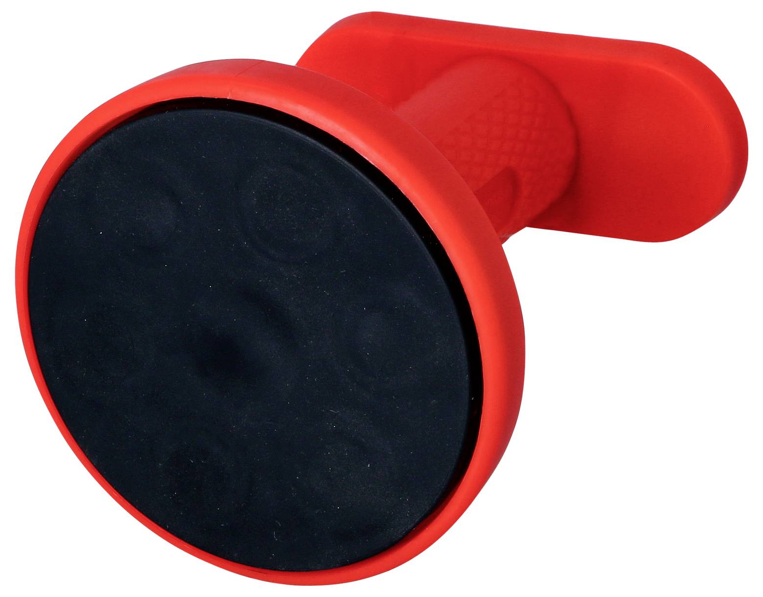 Un ventouse ronde en caoutchouc rouge avec une surface noire et une poignée.