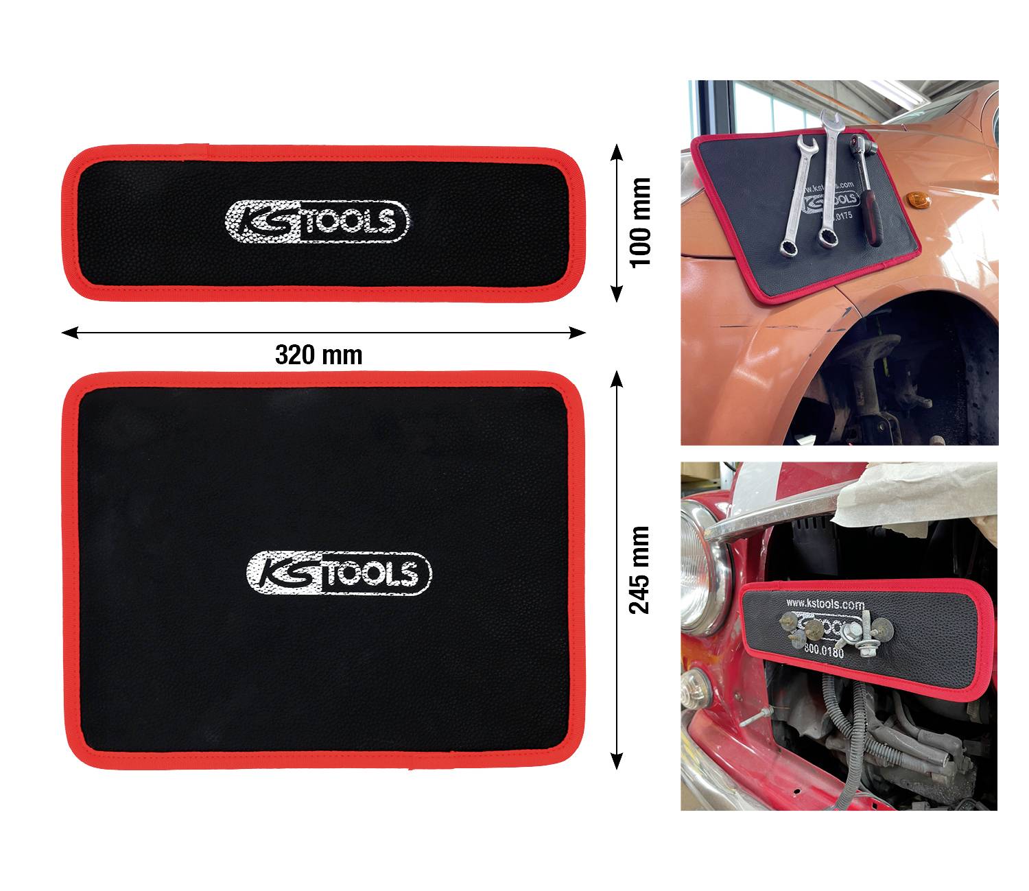Support magnétique pour outils de KS TOOLS, rectangulaire, noir et rouge. Dimensions : 320 x 245 mm. Illustre l'utilisation sur une voiture avec des clés à molette.