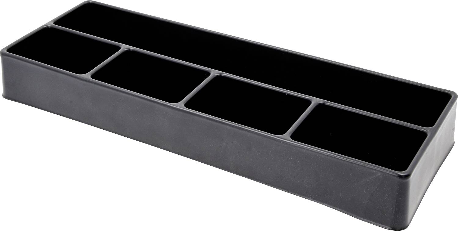 Organisateur noir en plastique avec cinq compartiments disposés en ligne, idéal pour le rangement ou le tri de petits objets.