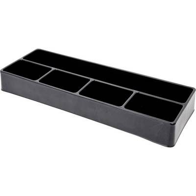 Organisateur noir en plastique avec cinq compartiments disposés en ligne, idéal pour le rangement ou le tri de petits objets.