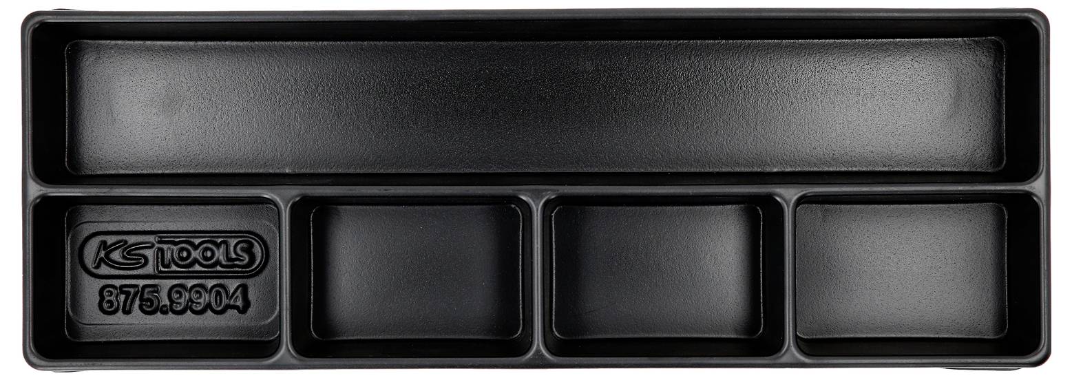 Un bac rectangulaire en plastique avec un grand compartiment et quatre petites sections, portant la mention 'KS Tools 875.9904'.