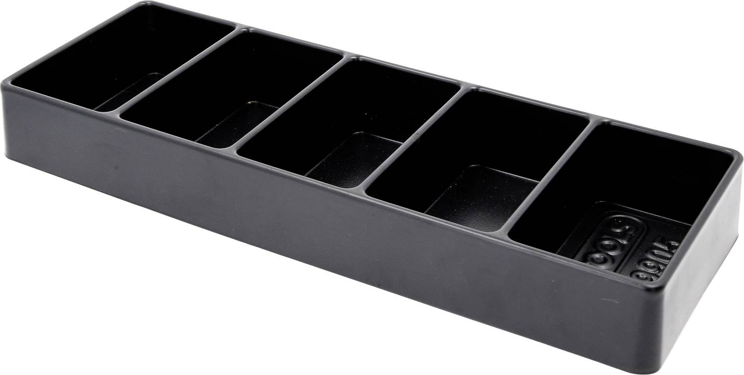 Organiseur noir en plastique à cinq compartiments, adapté pour le rangement de petits objets.