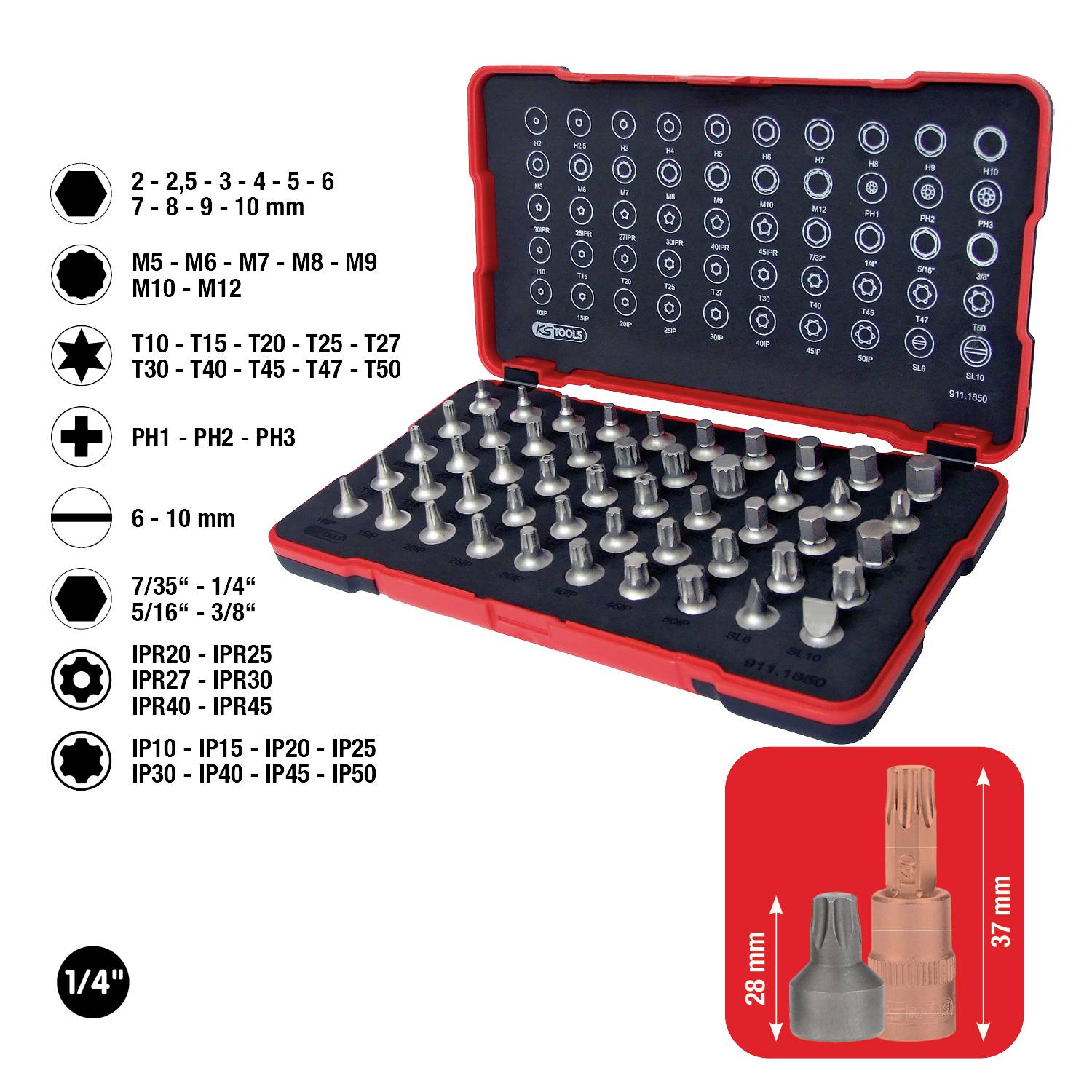 Une boîte à outils ouverte contenant différents embouts de vissage de plusieurs tailles. À gauche : dimensions et symboles des embouts.