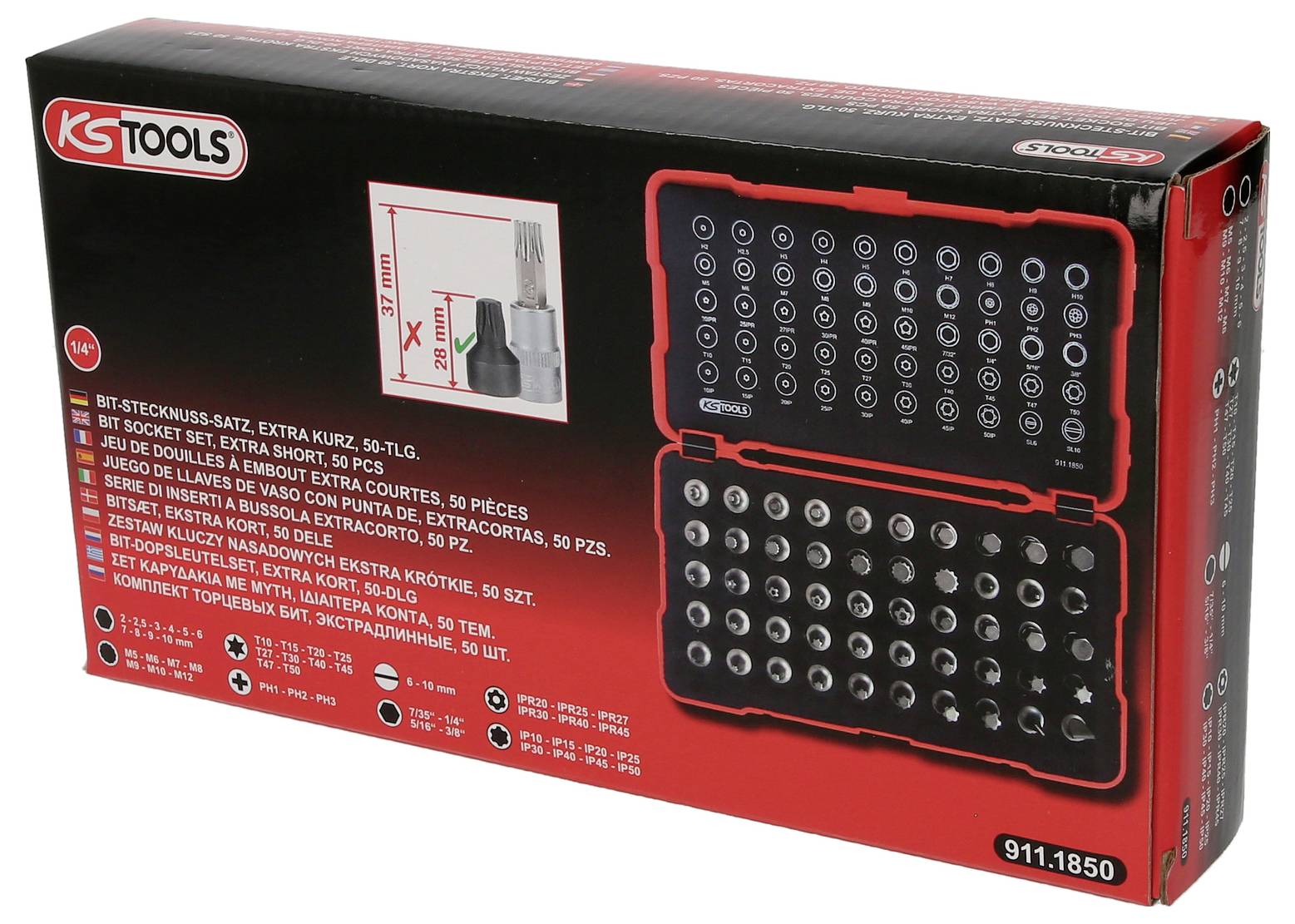 Un ensemble de 50 embouts courts avec un coffret rouge et noir. L'emballage présente un dessin technique à l'échelle des embouts.