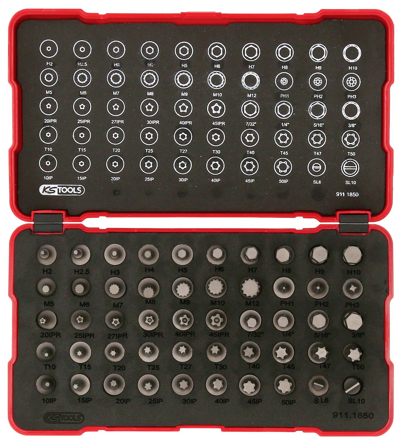 Un ensemble d'outils ouvert avec différents embouts de vissage pour différentes tailles et formes.