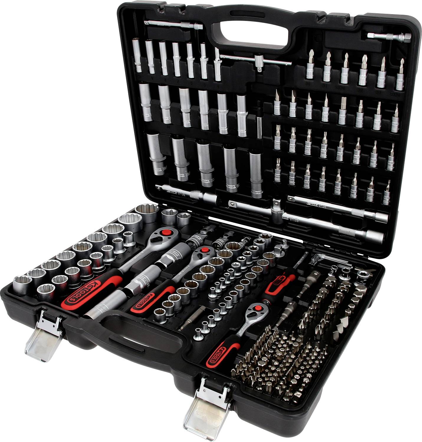 Une mallette à outils ouverte contenant une variété de clés à douille, de clés à molette et d'embouts, organisés par taille et type.