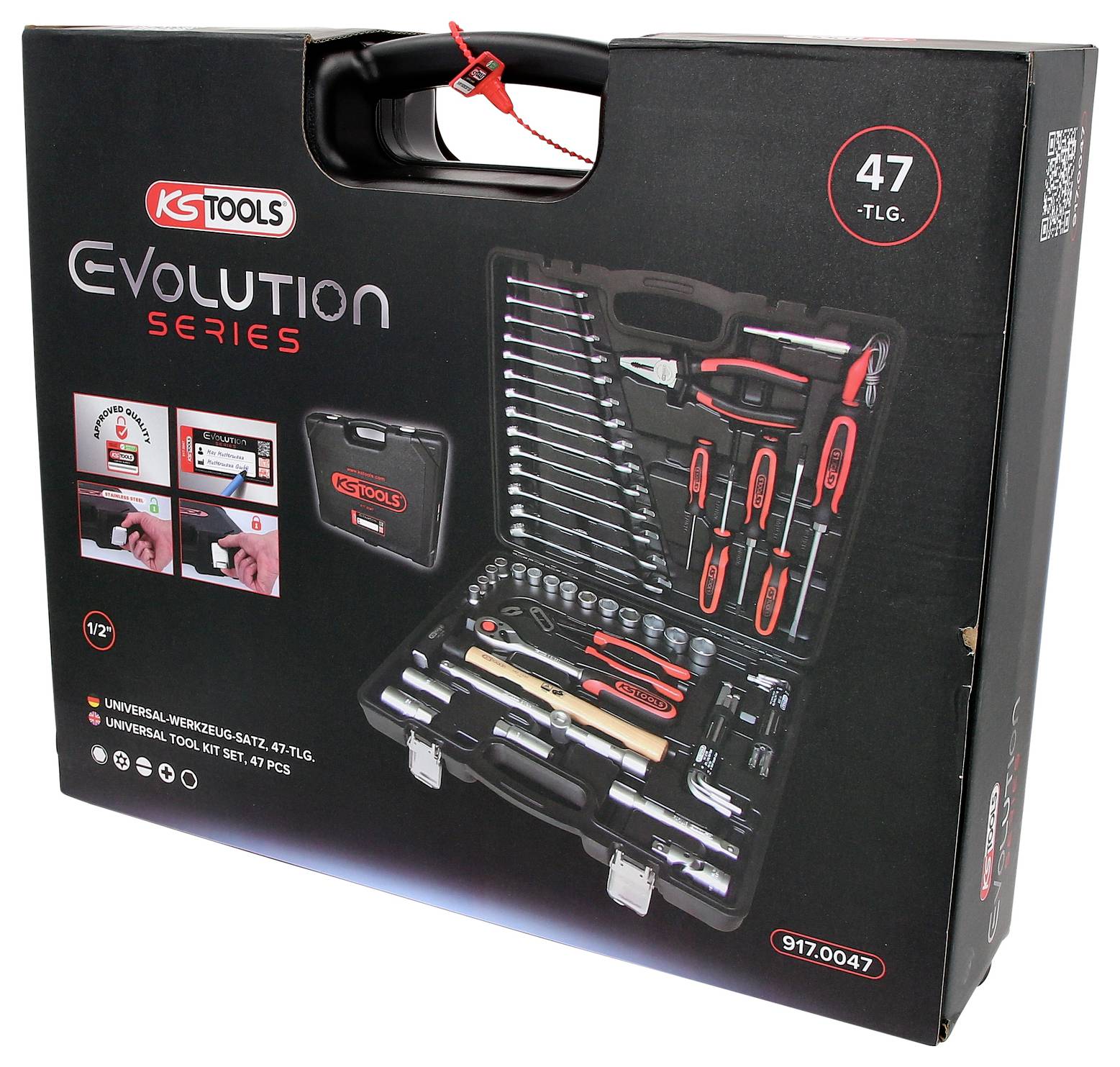 Mallette avec logo 'KS Tools'. Contient un ensemble d'outils universel de 47 pièces : clés, tournevis, marteau et plus encore.
