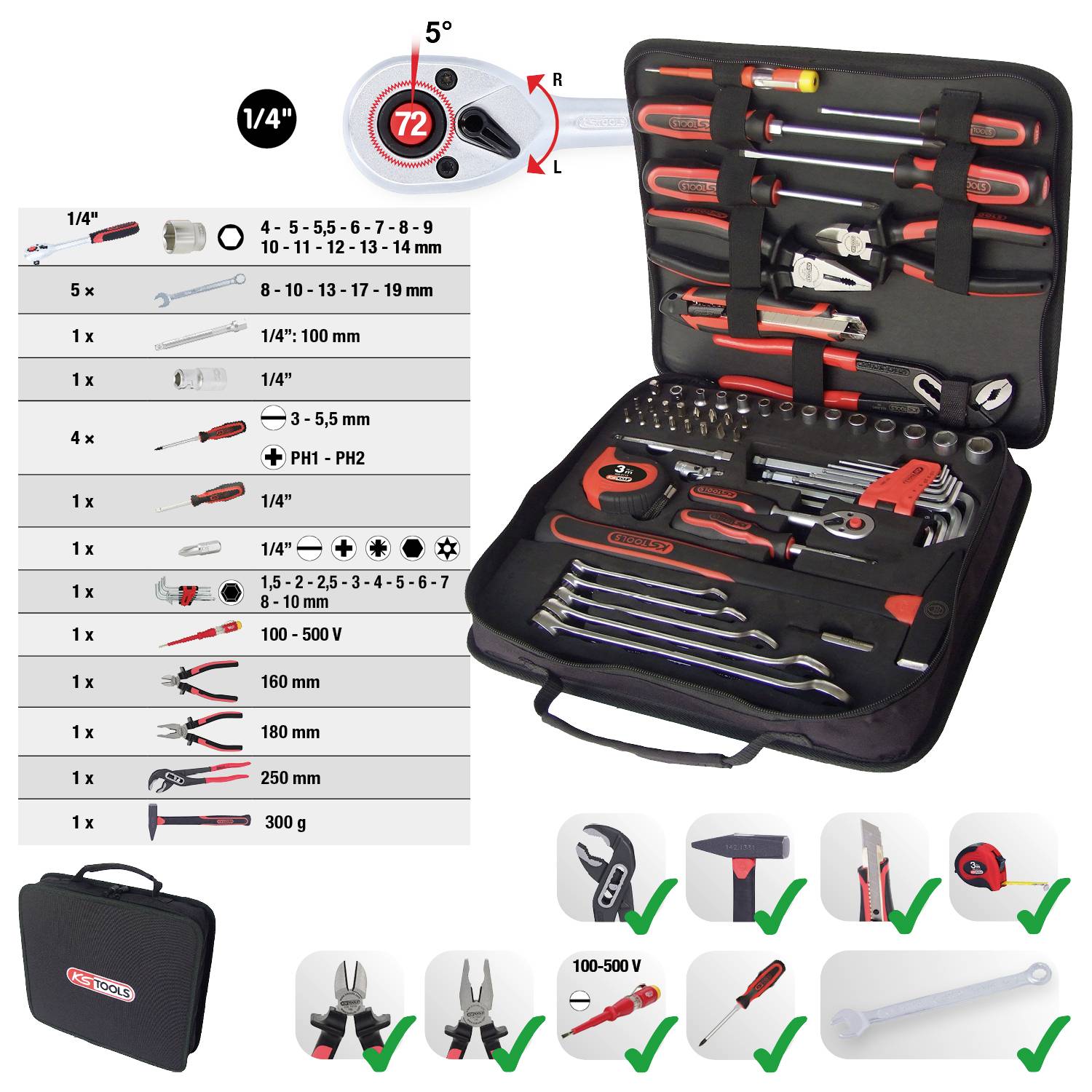 Image d'une boîte à outils ouverte contenant divers outils tels que des clés, des tournevis et des pinces. Isolé pour 100-500 V.