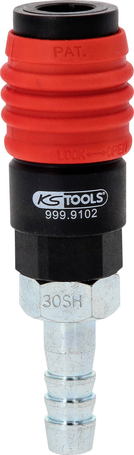 Raccord rapide 'KG Tools' avec revêtement rouge et noir, raccordement métallique en bas. Numéro de modèle '999.9102' visible.