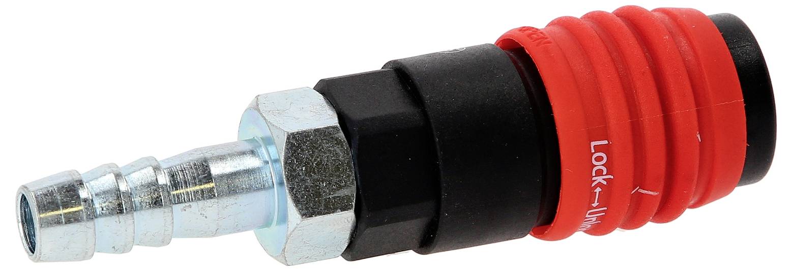 Un connecteur métallique avec une poignée en caoutchouc rouge, adapté aux systèmes pneumatiques, représenté sur un fond blanc.