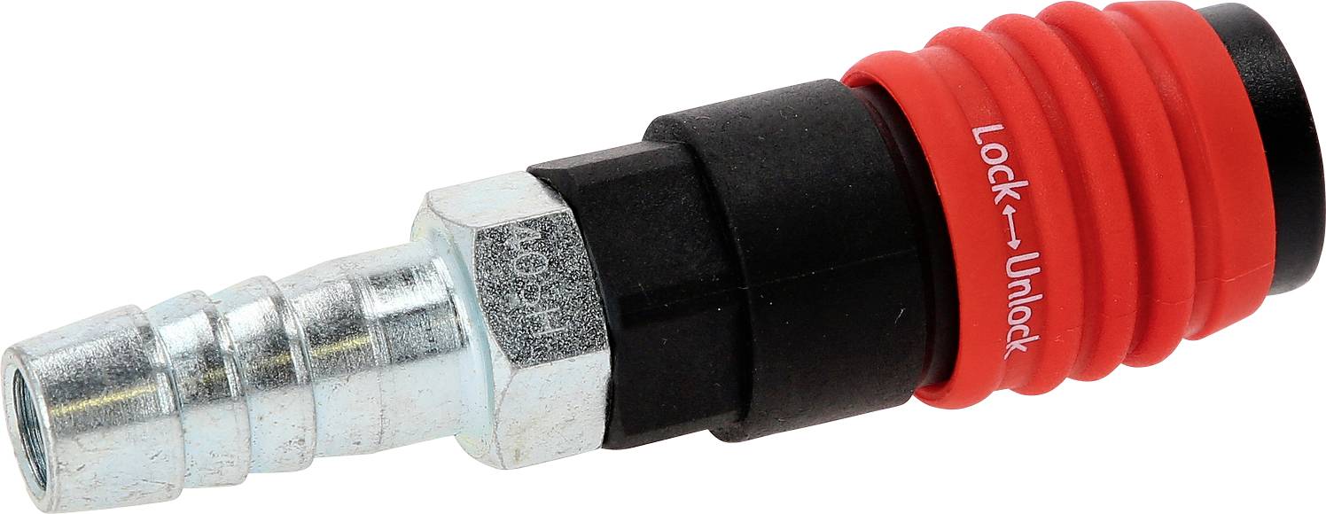 Un adaptateur à verrouillage rapide rouge et noir avec raccord métallique, portant les mentions « Verrouillé » et « Déverrouillé », montre la position de verrouillage.