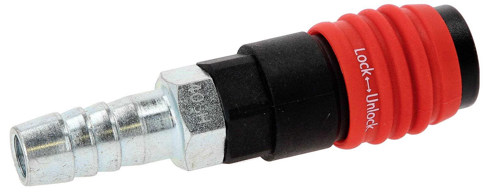 Un adaptateur de raccordement rapide en métal et en plastique rouge portant l'inscription 'Lock - Unlock', utilisé pour les connexions pneumatiques.