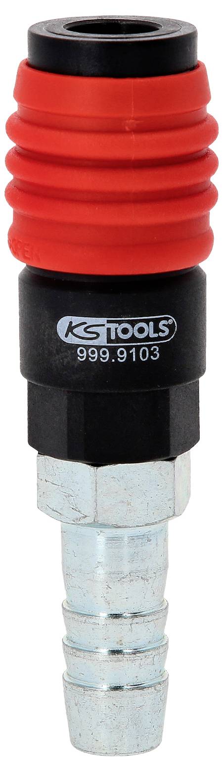Un embout pneumatique de la marque KS Tools avec une poignée en caoutchouc rouge et un raccord chromé. Numéro de modèle : 999.9103.