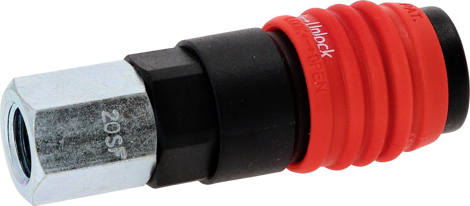 Adaptateur de raccordement rapide en métal rouge et noir, utilisé pour connecter des tuyaux ou des tubes dans les systèmes pneumatiques.