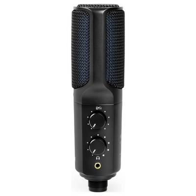 Microphone à condensateur noir avec deux réglages de volume et de sensibilité sur la façade, idéal pour les enregistrements en studio.
