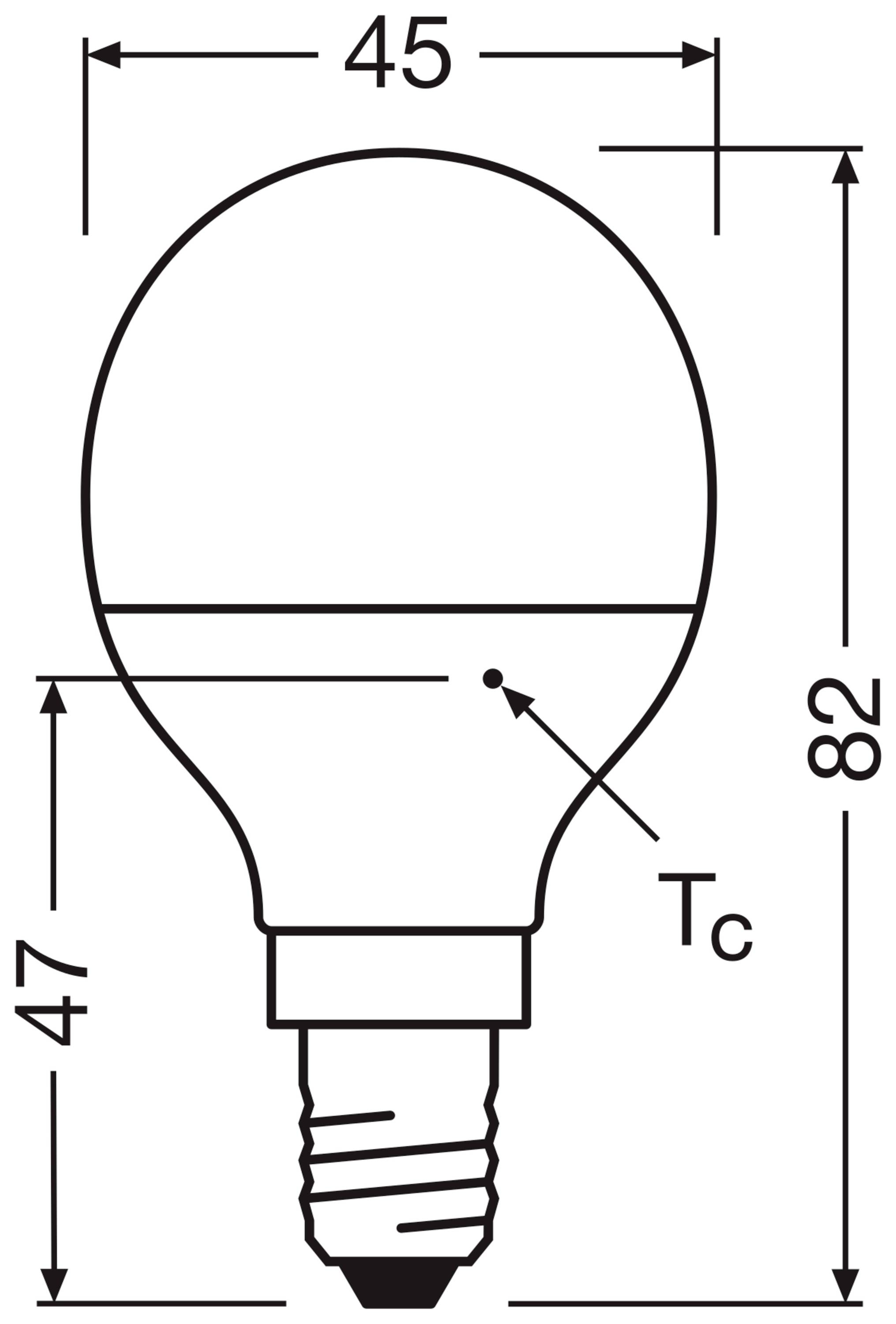 Dessin d'une ampoule avec un culot E14. Longueur totale 82 mm, largeur 45 mm. Le marquage 'Tc' indique la limite thermique.
